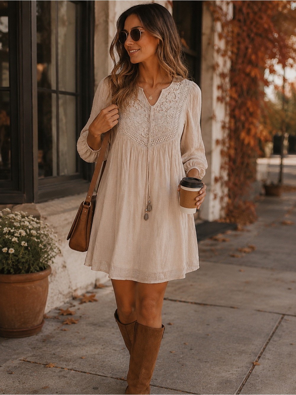 Boho Lace Yoke Mini Dress in Cream